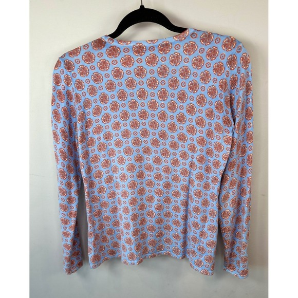 J.McLaughlin Blue Orange Medallion Print Button Sleeve Knit Lightweight Sweater - Picture 2 of 5